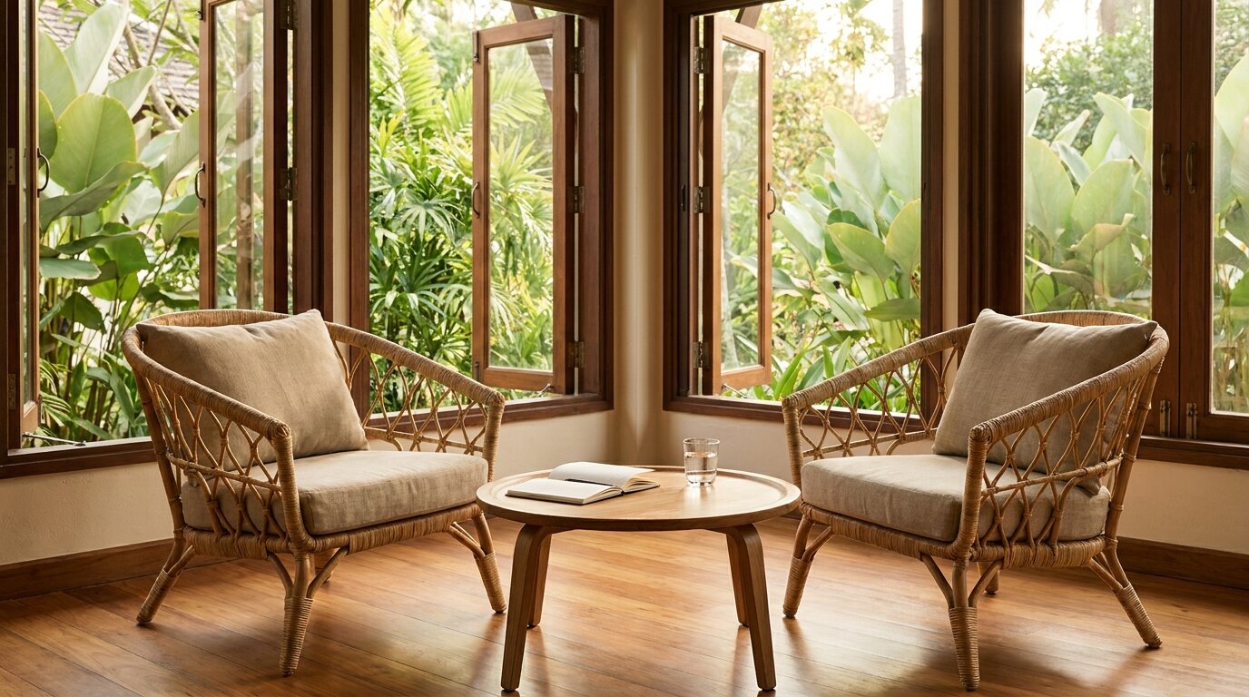 Sunlit therapy room in a Chiang Mai residential cannabis rehab with rattan chairs facing each other