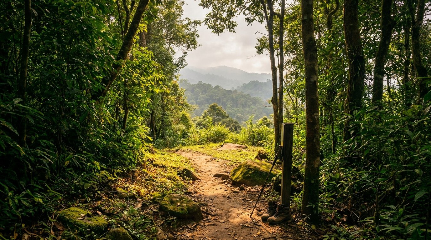 Forest hiking trail in northern Thailand representing daily exercise during cannabis withdrawal recovery