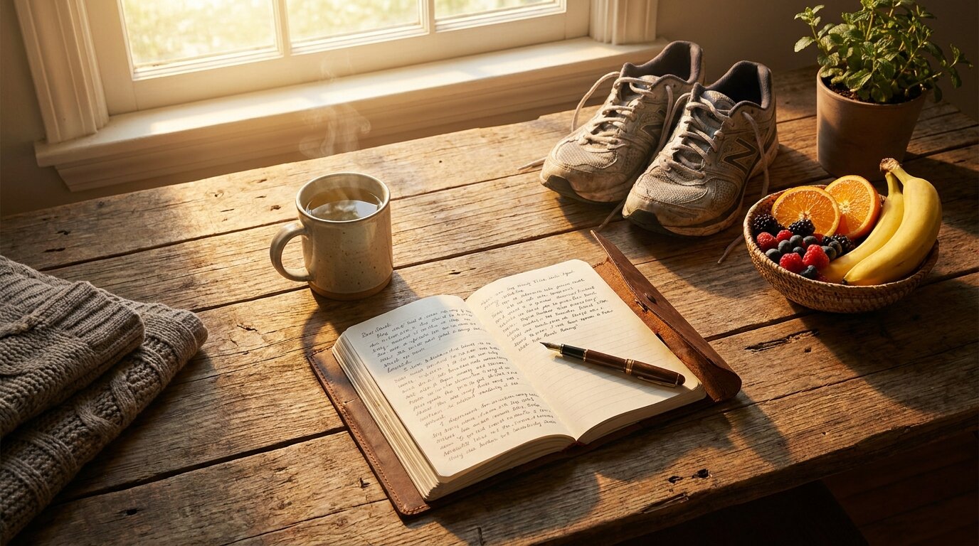 Morning tea, journal, and running shoes representing structured routine during cannabis withdrawal
