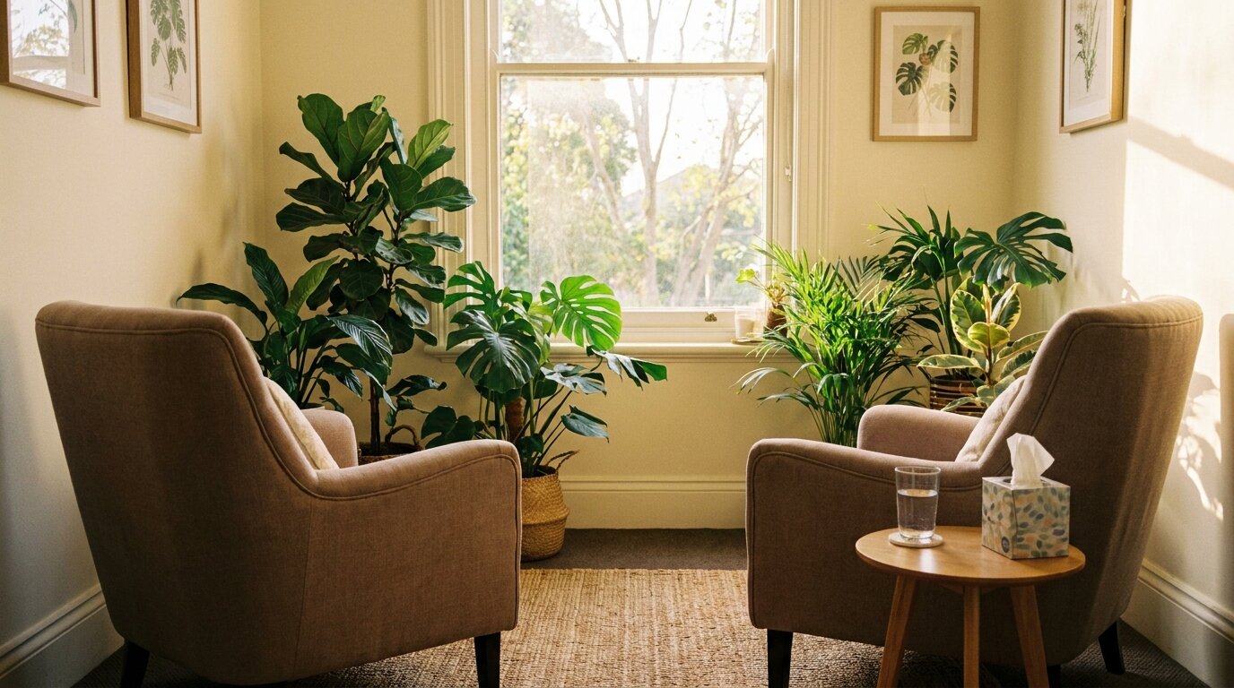 Calm therapy room with two armchairs representing CBT for cannabis use disorder