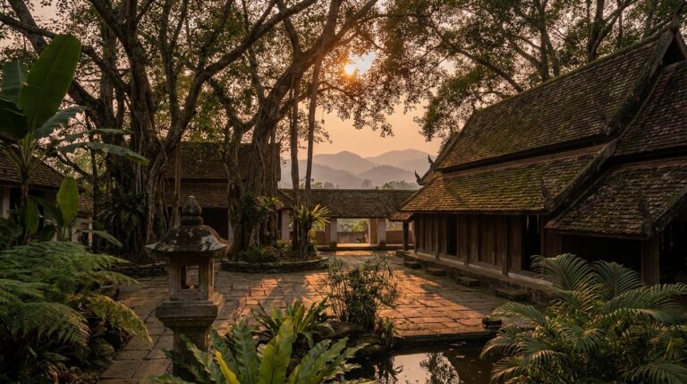 Peaceful Northern Thai temple courtyard at golden hour, evoking integrated CBT for dual diagnosis