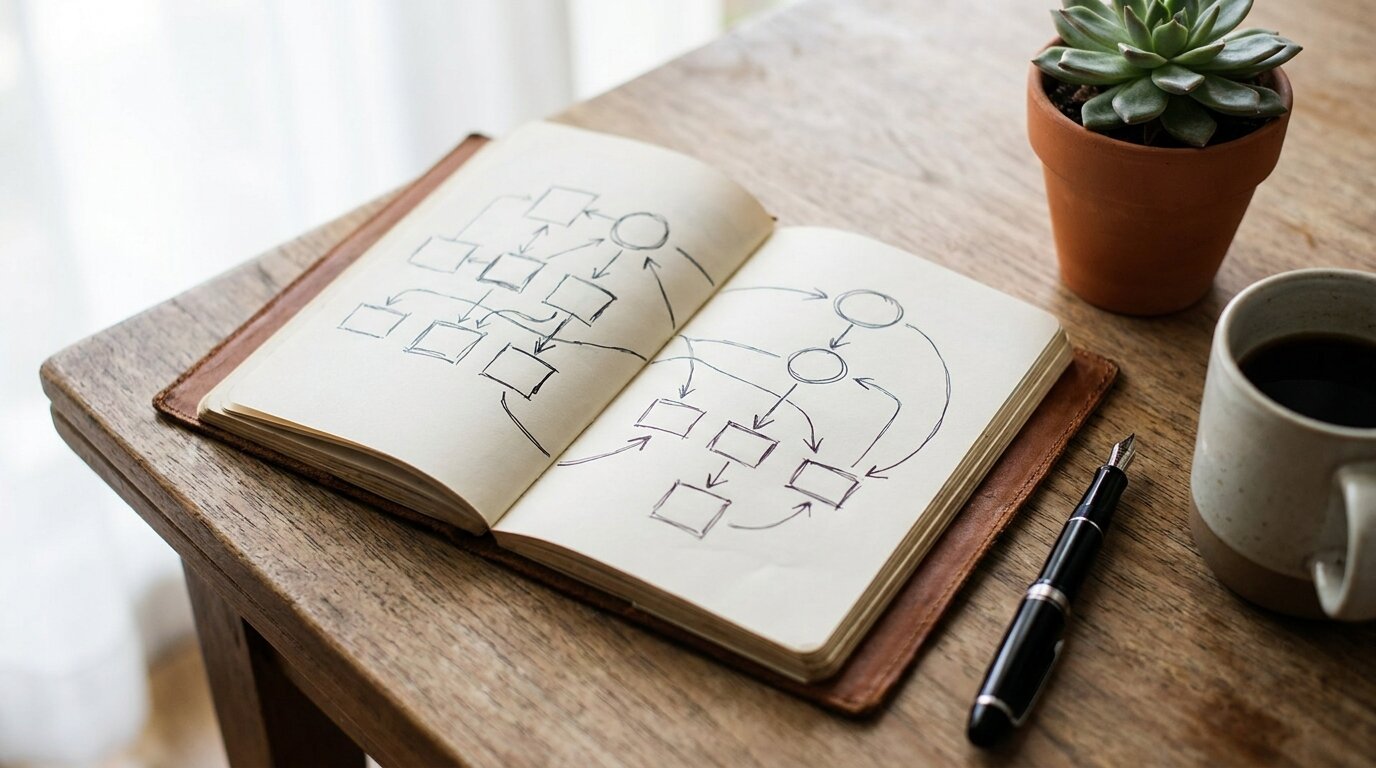 Open notebook with hand-drawn flowchart showing integrated CBT case formulation