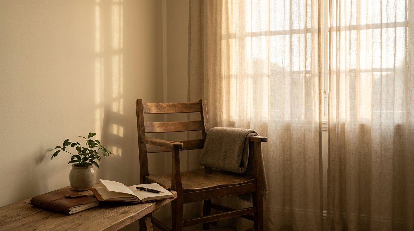 Calm sunlit room with journal and pen representing CBT homework practice in dual diagnosis treatment