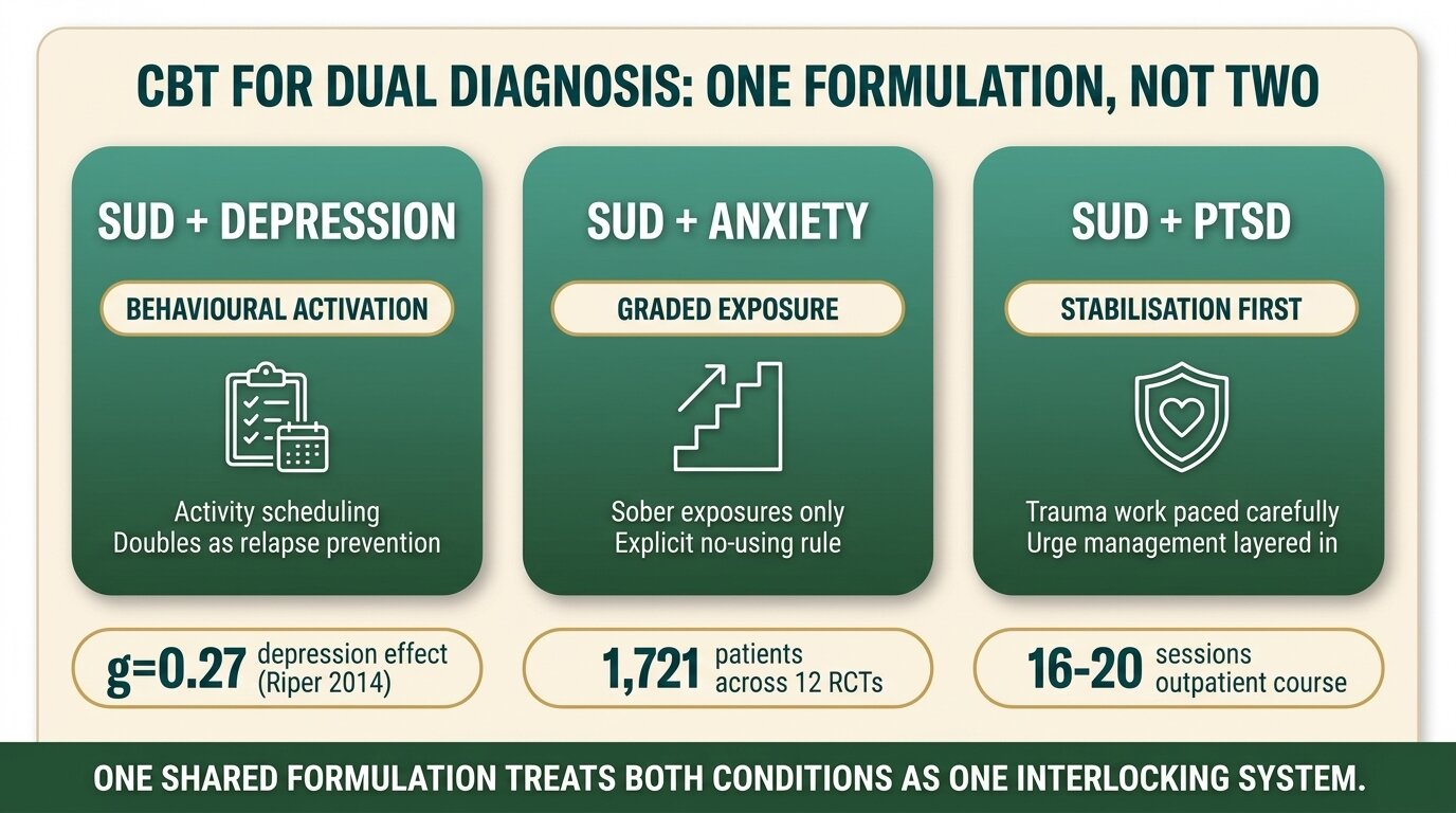 Infographic showing how CBT for dual diagnosis adapts by pairing: depression, anxiety, PTSD