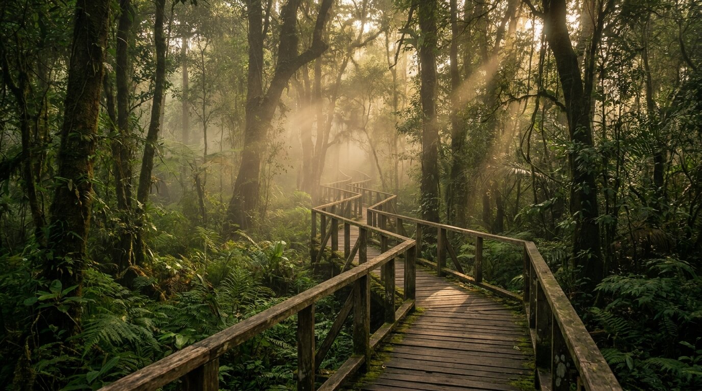 Wooden boardwalk path through misty Northern Thai forest symbolising paced CBT for dual diagnosis