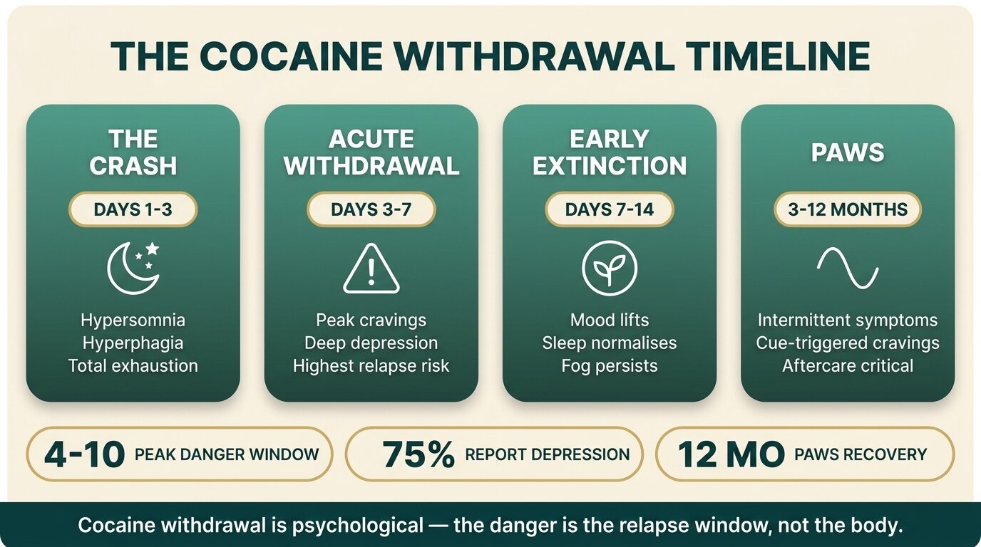 Cocaine withdrawal timeline infographic showing crash, acute withdrawal, early extinction, and PAWS phases