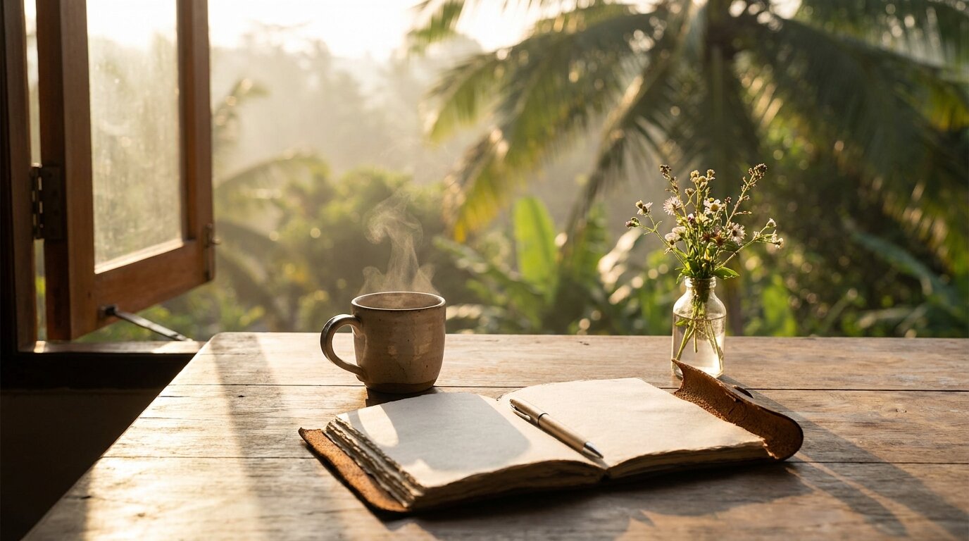 Sunrise journal and tea still life symbolizing reflection during cocaine recovery