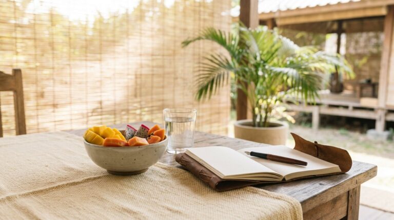 Calm sunlit Thai table with fruit bowl, water glass, and journal — symbolising integrated dual diagnosis eating disorder treatment