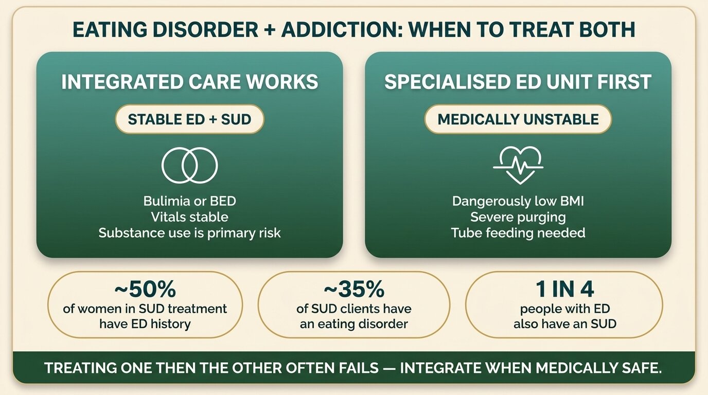 Infographic showing when integrated dual diagnosis eating disorder treatment is appropriate versus when a specialised ED unit is needed first