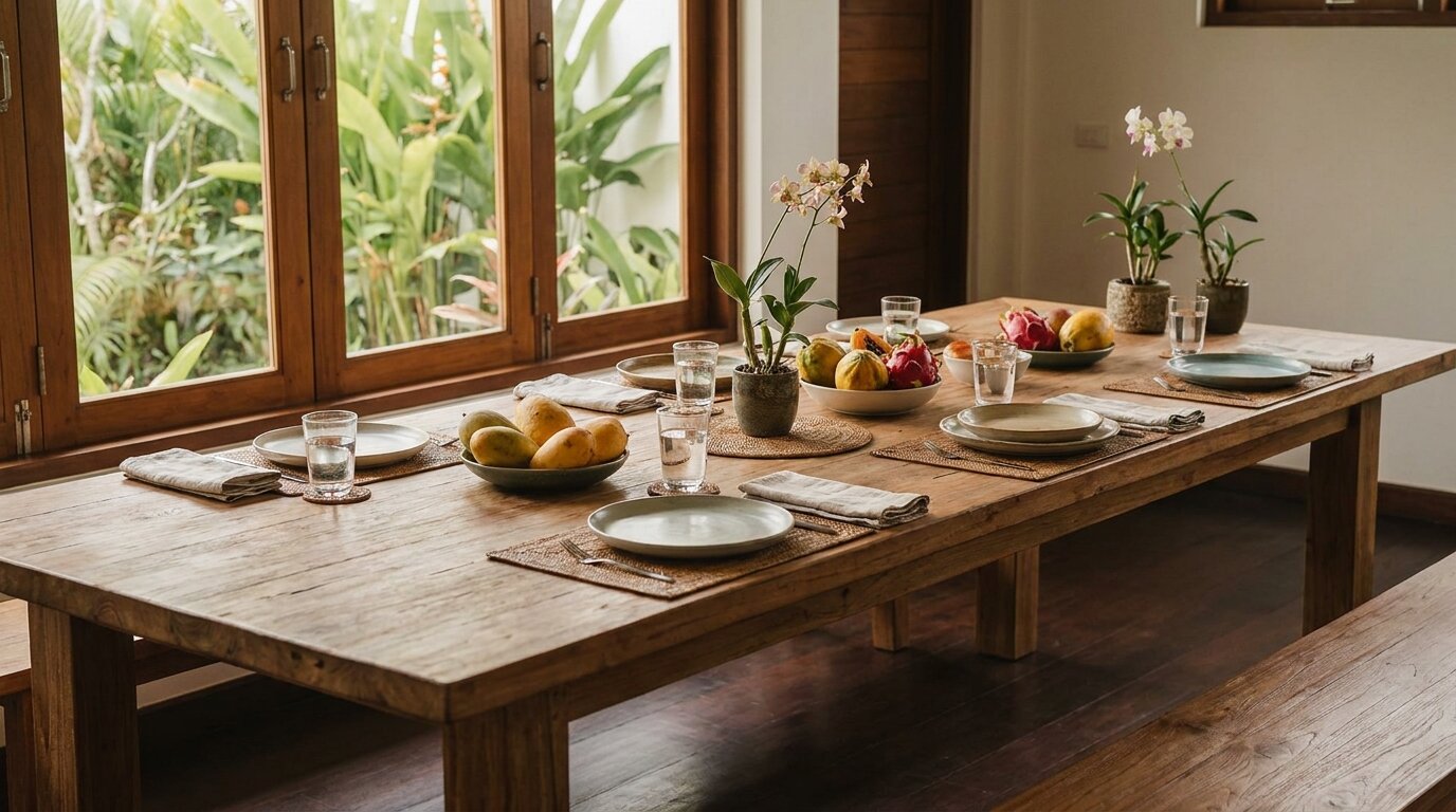 Residential dining table set for supervised meals during dual diagnosis eating disorder treatment