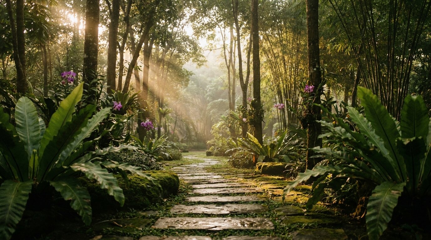 Stepping stone path through tropical Thai garden symbolising recovery from dual diagnosis treatment