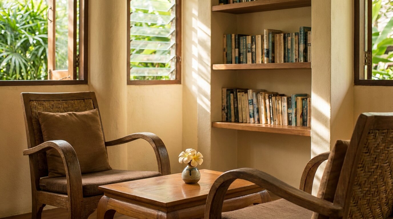 Calm therapy room set up for integrated CBT-E and addiction therapy in dual diagnosis eating disorder treatment