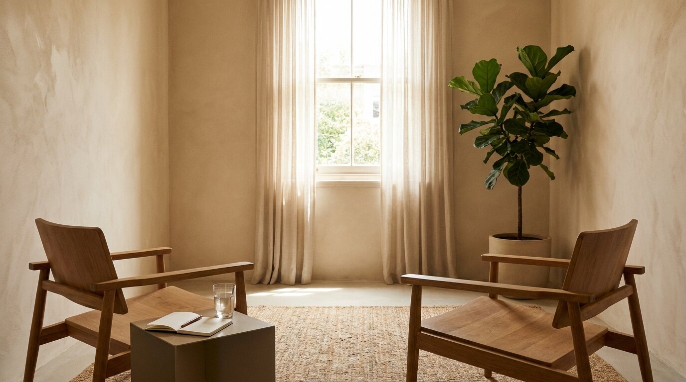 Quiet individual therapy room with two chairs used for CBT in dual diagnosis treatment