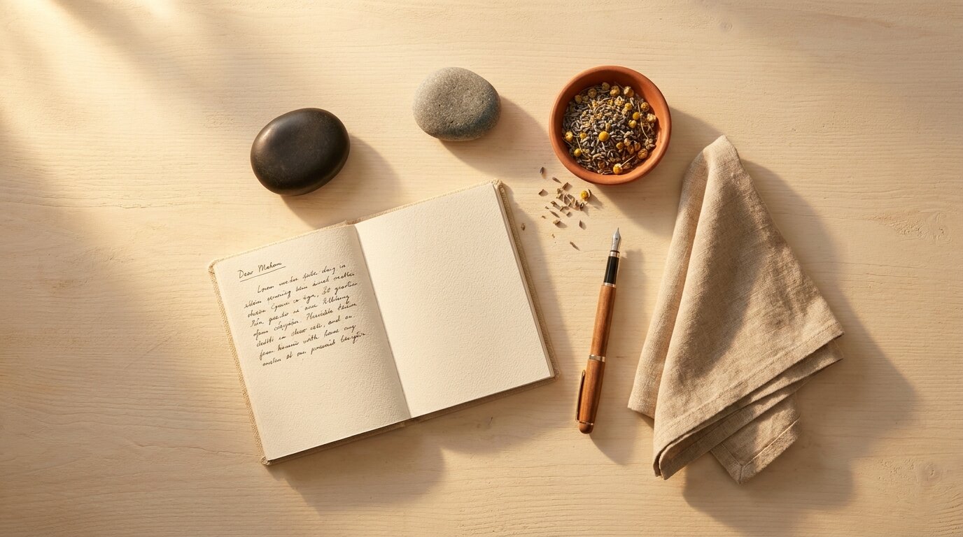 DBT skills training materials and grounding objects on a wooden table for dual diagnosis therapy