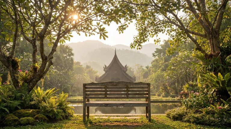 Peaceful Chiang Mai garden representing mental health healing in dual diagnosis therapy