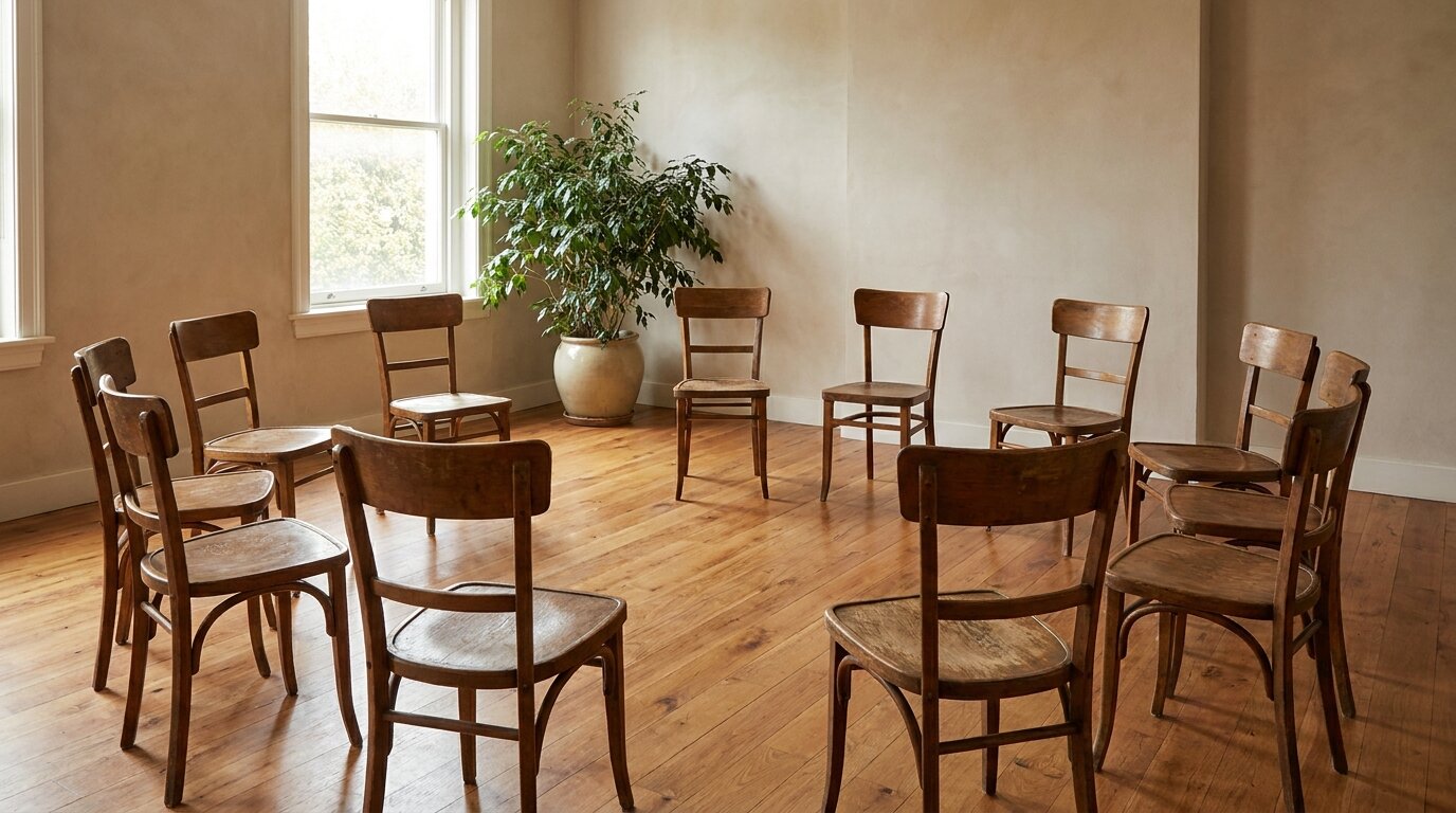 Circle of chairs in a sunlit room for dual diagnosis group therapy