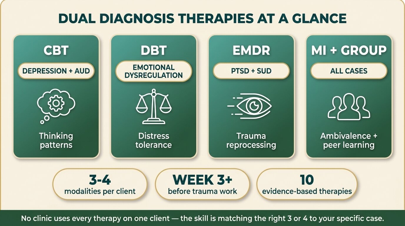 Infographic summarising CBT DBT EMDR and MI as the four core types of dual diagnosis therapies