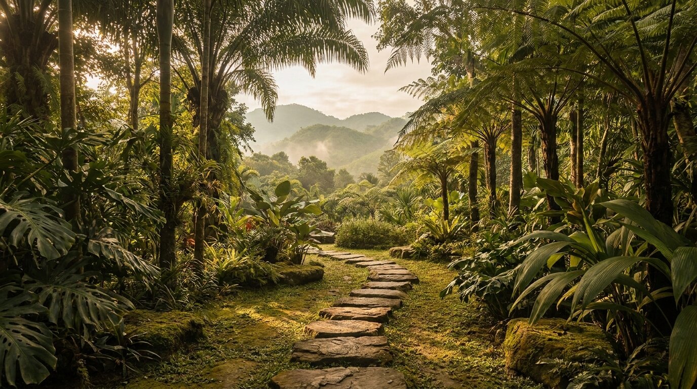 Tropical garden path representing the stabilisation phase before EMDR trauma work in dual diagnosis therapy