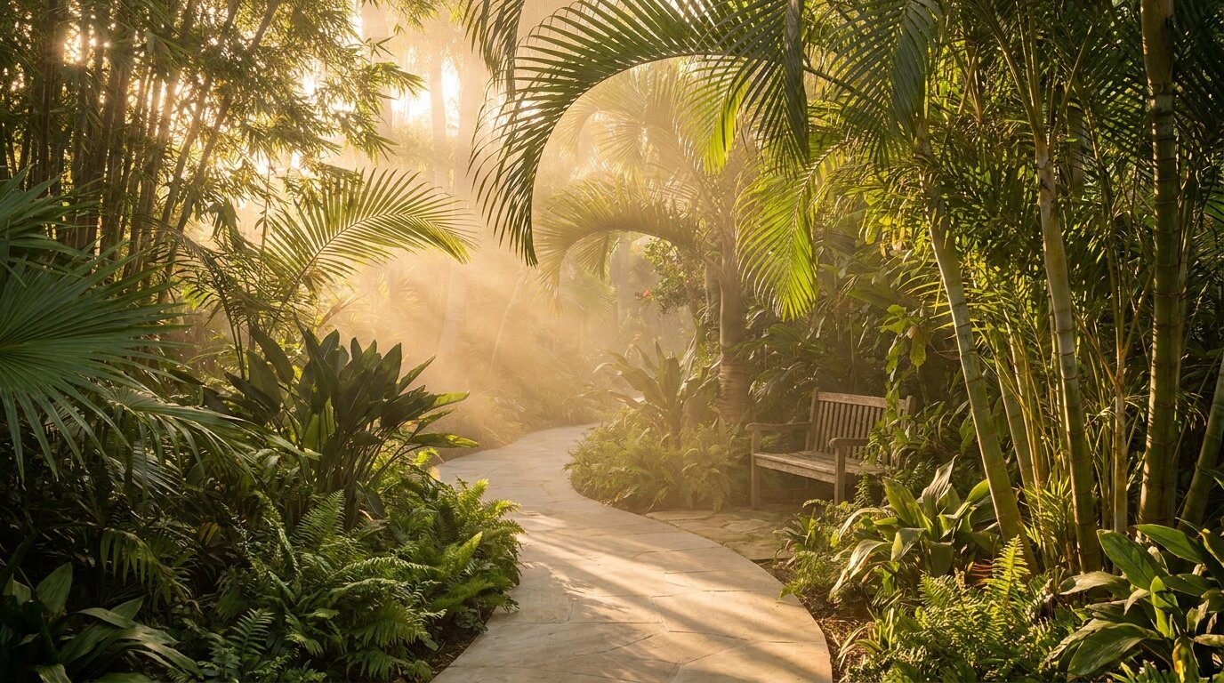 Stone garden path through tropical greenery at One Step Rehab in Chiang Mai