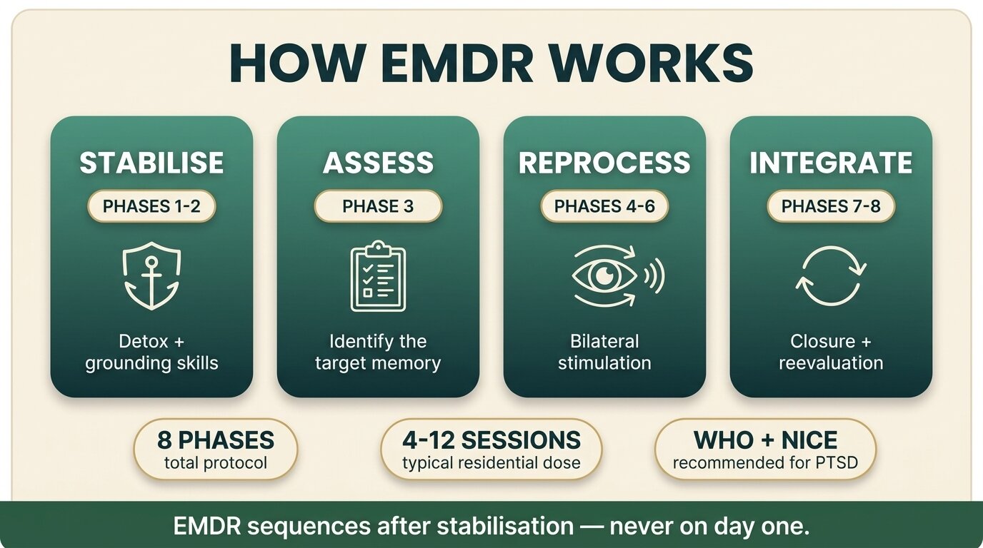 EMDR for addiction infographic showing the four stabilise, assess, reprocess, integrate phases of the 8-phase protocol