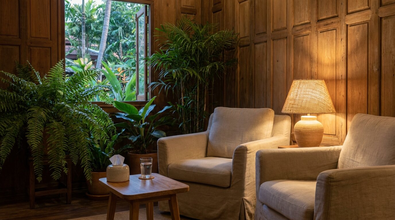 Warm wood-panelled therapy room with two armchairs where EMDR sessions are conducted