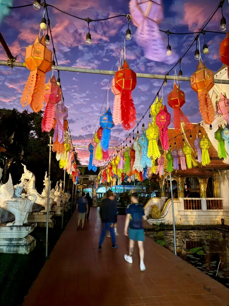 Colourful lanterns at a Chiang Mai temple at night