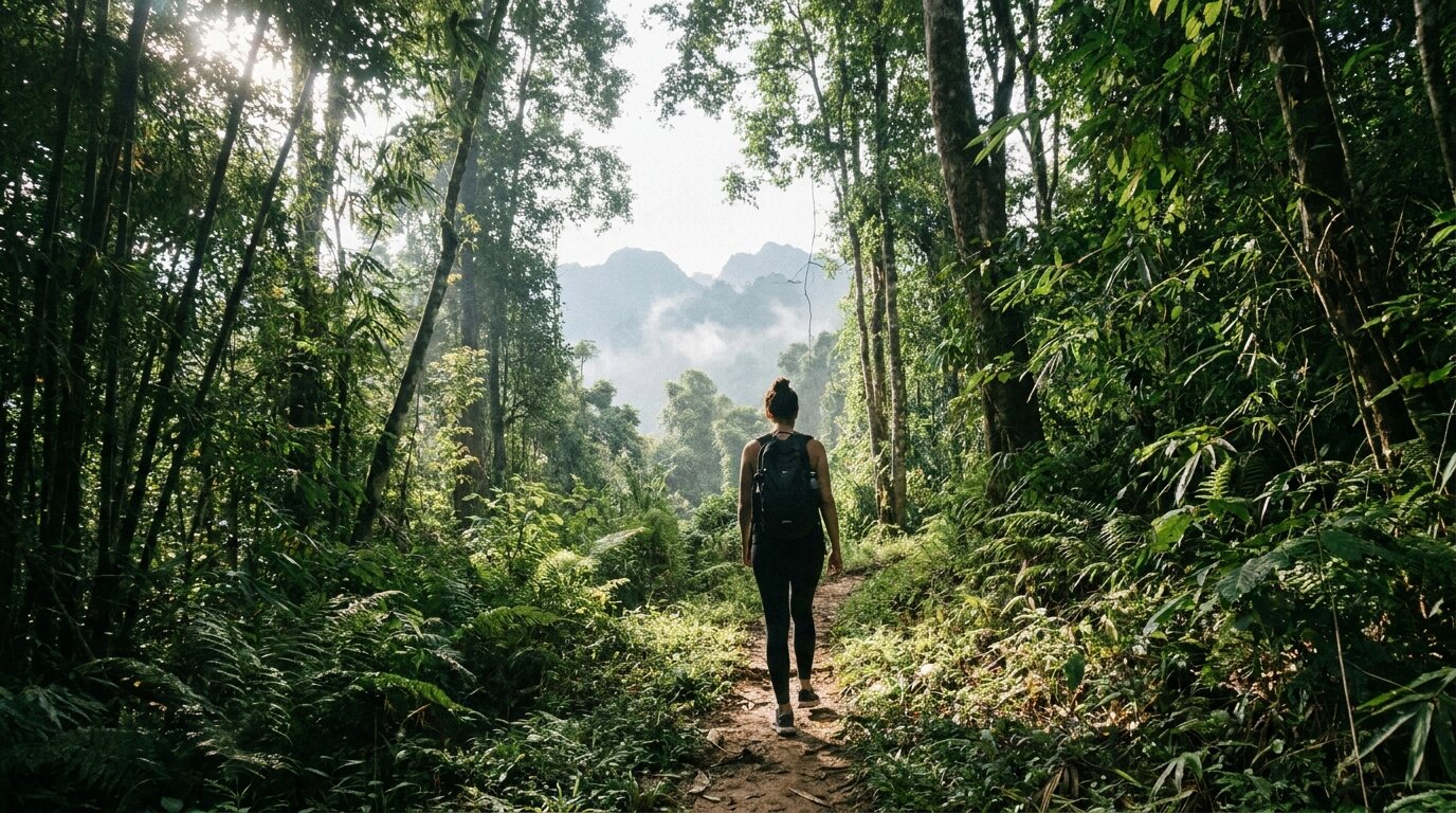Person walking on a forested mountain trail in Chiang Mai representing exercise in holistic meth recovery