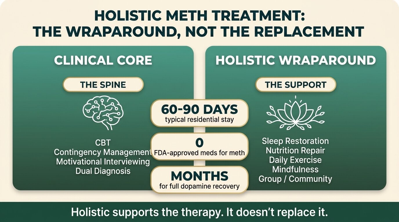 Infographic showing clinical core and holistic wraparound layers of meth addiction treatment