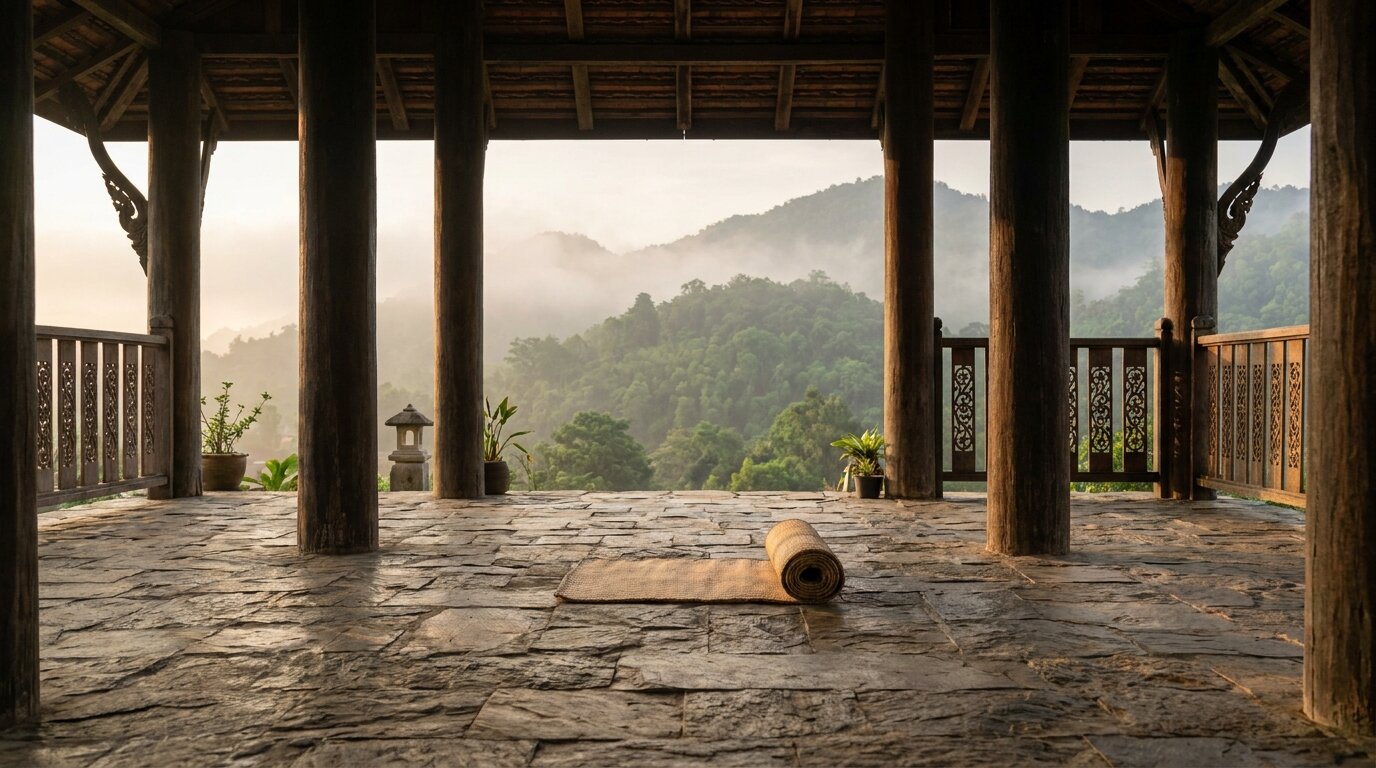 Quiet temple meditation pavilion representing Buddhist meditation in holistic meth treatment
