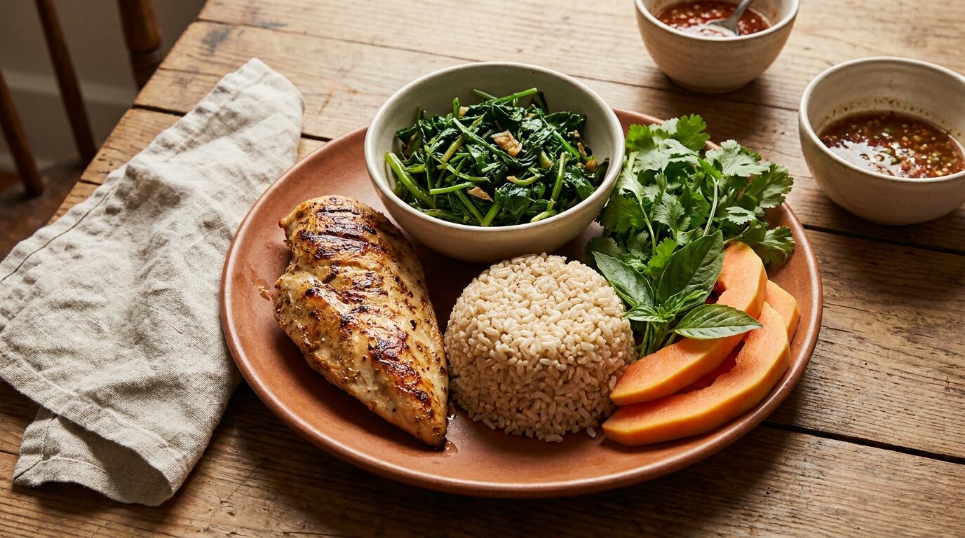 Whole food Thai meal representing nutrition repair in holistic meth recovery