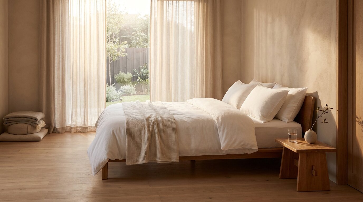 Calm bedroom at dawn representing sleep restoration in holistic meth treatment