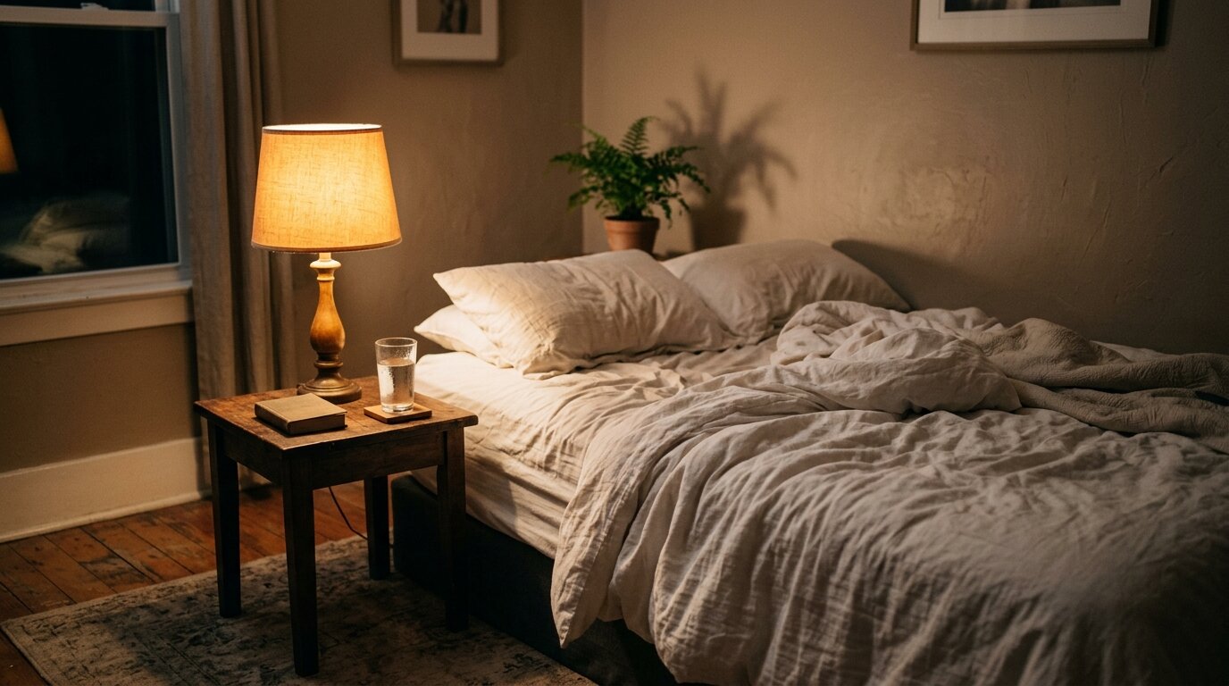Quiet bedroom with bedside lamp representing the home setting where many people attempt unsupervised alcohol detox