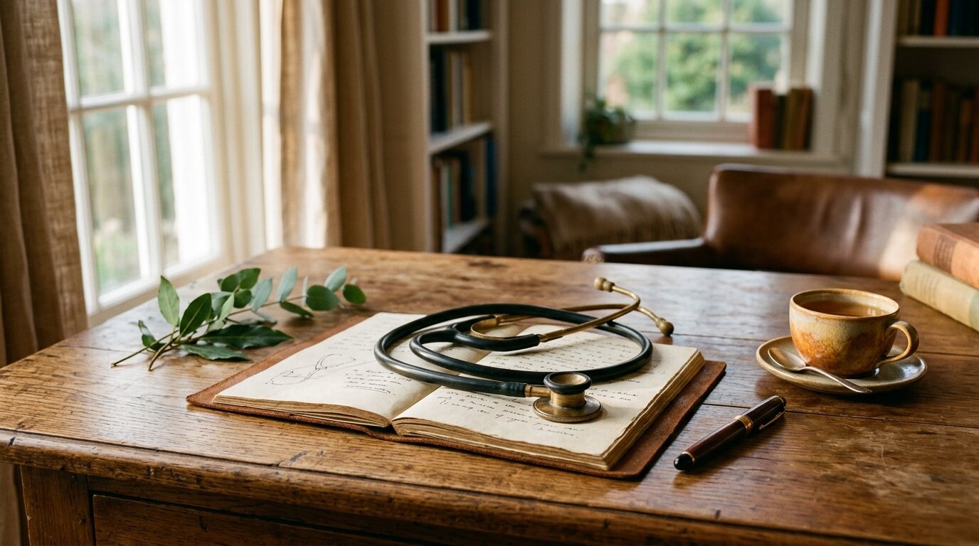 Stethoscope coiled across an open notebook on a wooden desk representing medical detox competence and supervised care