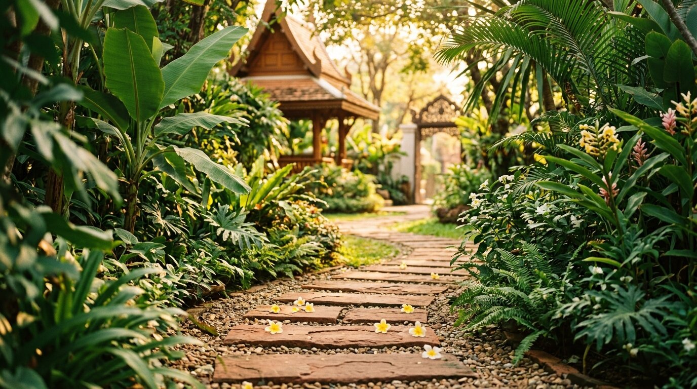 Serene Chiang Mai garden path with stepping stones representing the journey from home detox to residential medical detox