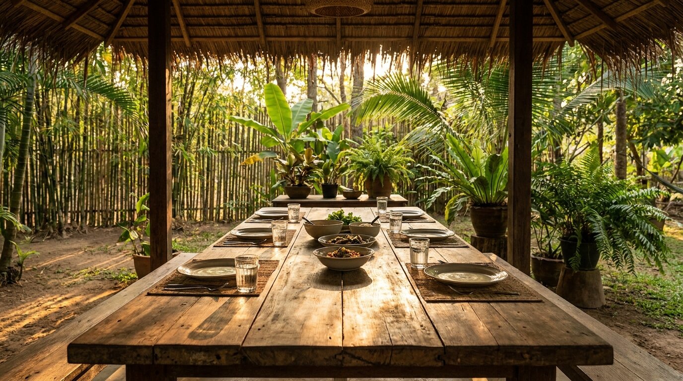 Peer milieu in inpatient substance abuse rehab — communal dining table in Thai pavilion