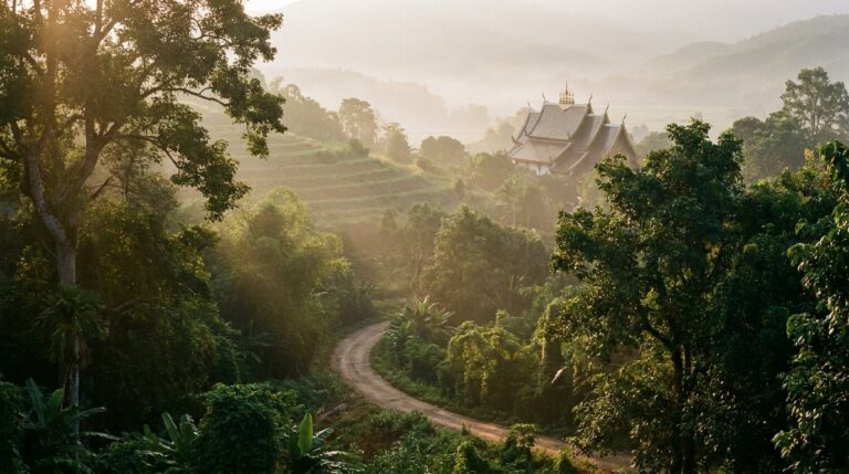 Misty Chiang Mai mountain landscape with Lanna temple spire at golden hour, evoking a calm setting for inpatient vs outpatient detox decisions