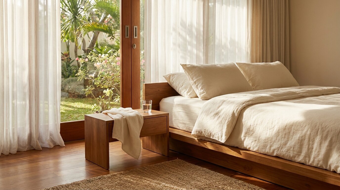 A warmly lit private residential bedroom with cream linens and tropical garden view, representing the inpatient detox setting