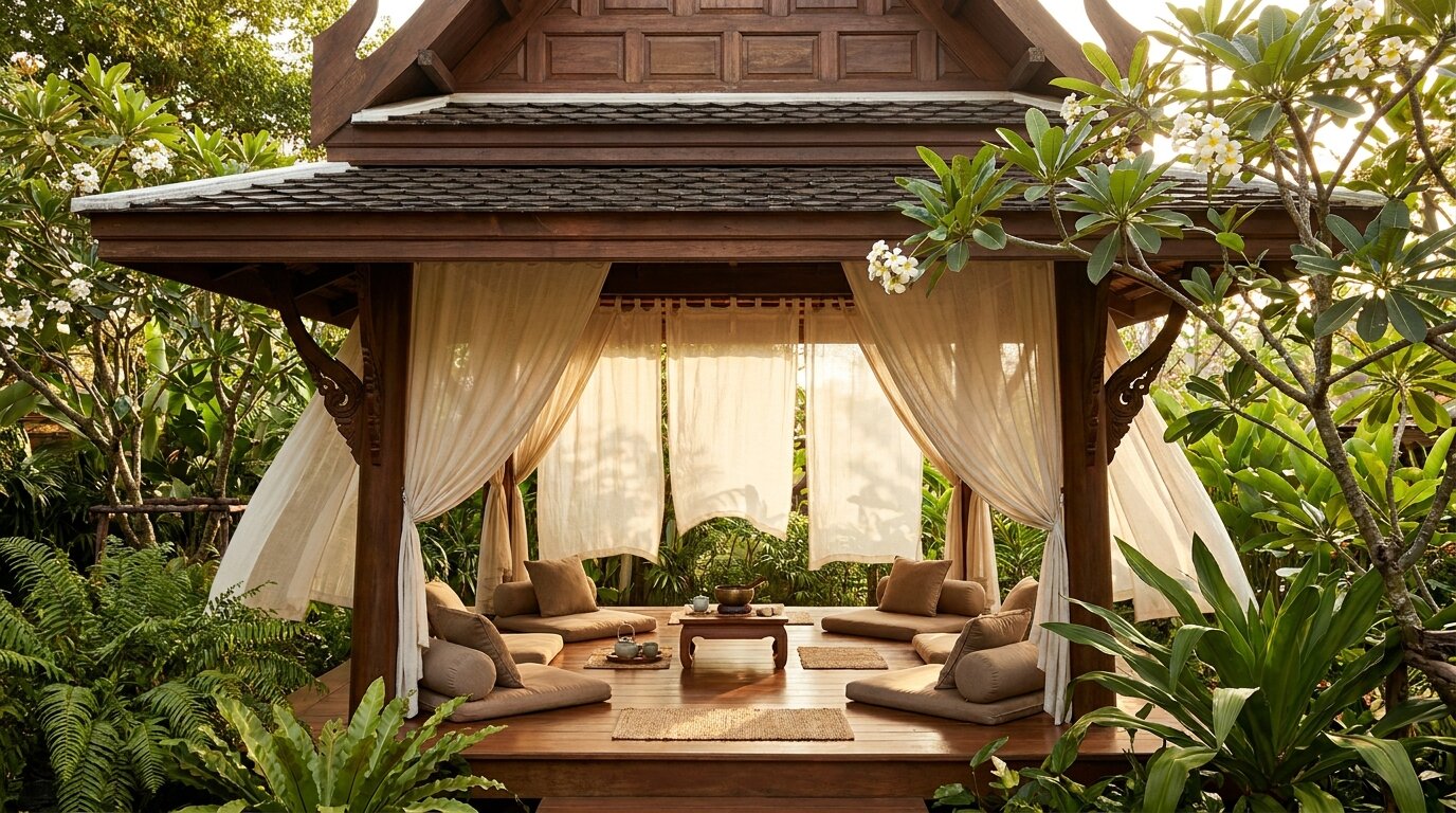 Open-air Thai sala pavilion with floor cushions in a Chiang Mai garden, used as a therapy and meditation space during inpatient detox and rehab