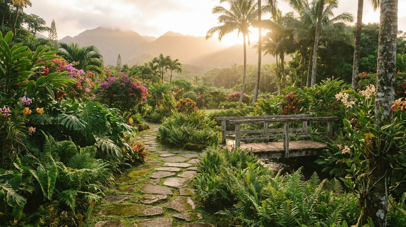 Stone path winding through a lush garden toward misty Chiang Mai mountains at sunrise, symbolising the recovery journey after detox