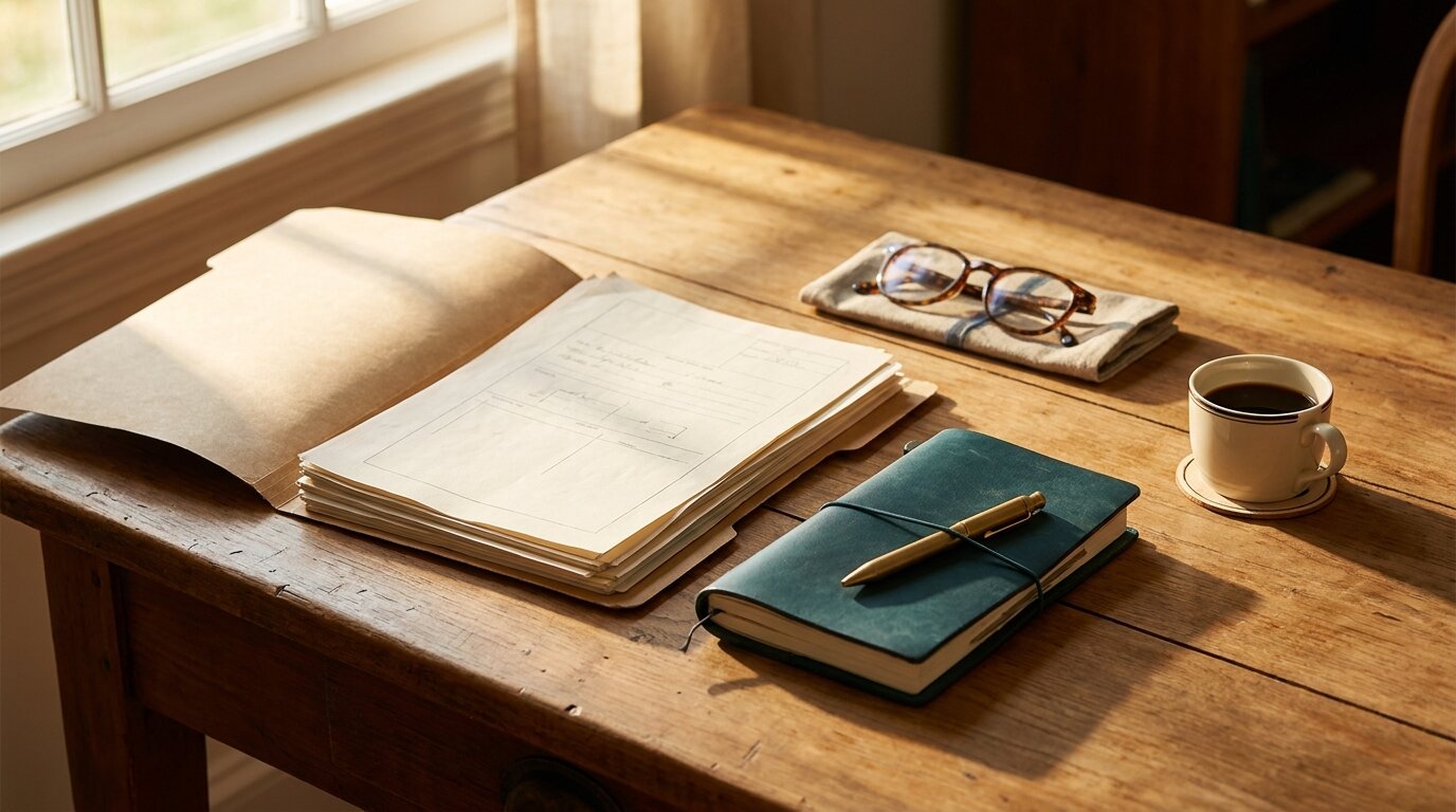 Organised desk with documents and notebook representing insurance claim paperwork for inpatient treatment