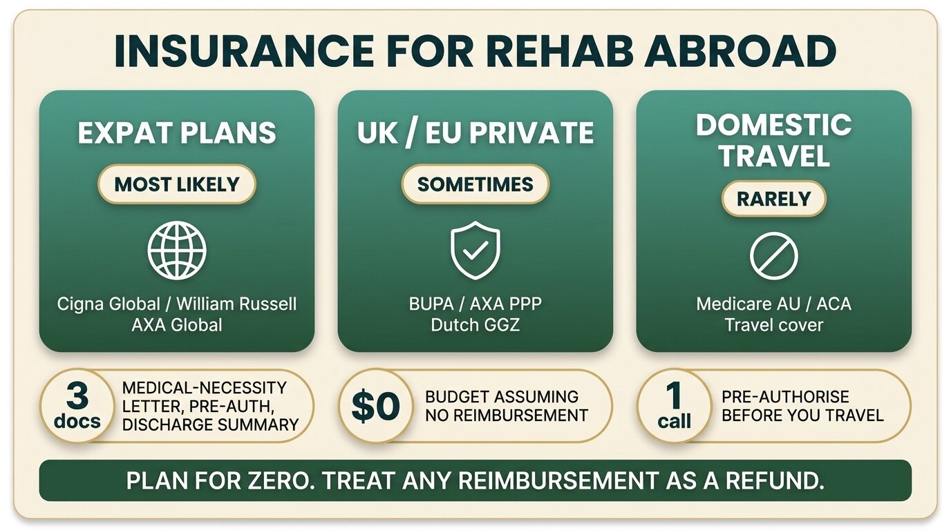 Infographic comparing how likely expat, UK/EU private, and domestic insurance policies are to cover inpatient treatment abroad