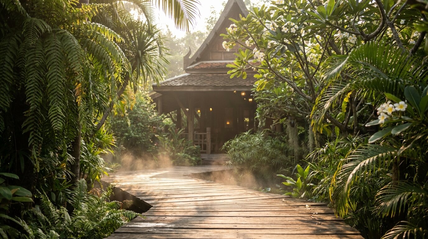 Sunlit garden path in Chiang Mai representing the decision to travel abroad for inpatient rehab