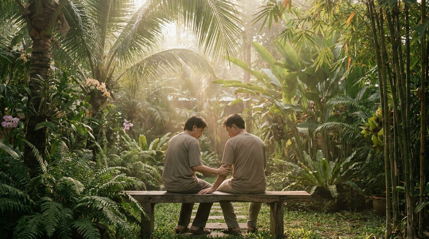 Two people sitting on a wooden bench having a calm private conversation in a Thai garden about marijuana use