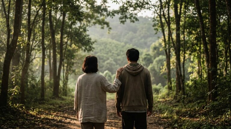 Mother walking with her adult son on a tropical forest path, gentle hand on his shoulder — supporting someone through marijuana addiction