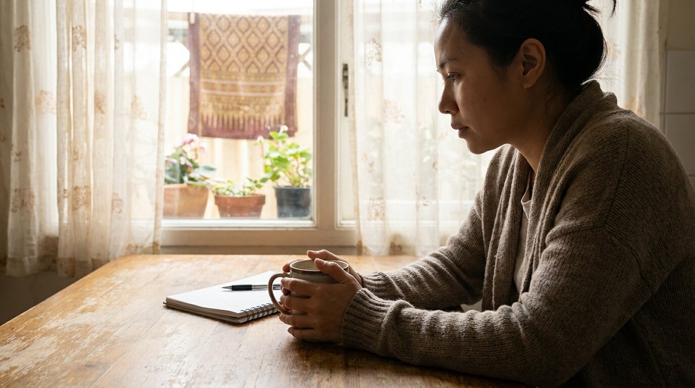 Person sitting at a wooden kitchen table with a notepad and tea, preparing to talk to a loved one about marijuana addiction