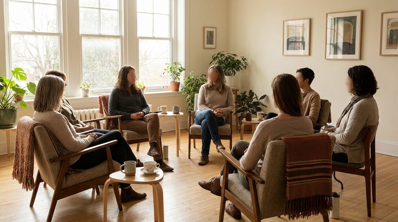 Small peer support group circle of adults meeting in a warm community room, supporting families affected by marijuana addiction