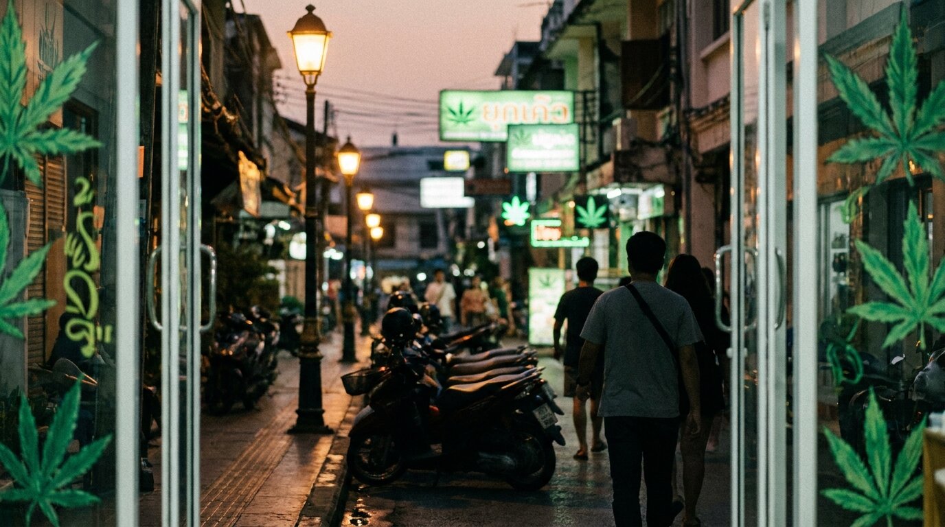 Editorial photograph of a Thai cannabis dispensary street at dusk during the 2022-2025 retail window in Thailand