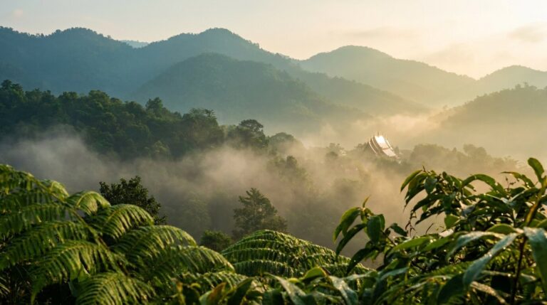 Misty Chiang Mai mountain landscape with golden Buddhist temple, evoking healing and recovery from marijuana addiction in Thailand