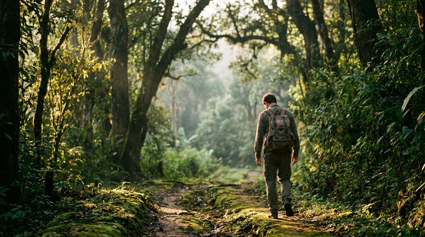 A person walking on a quiet jungle trail in northern Thailand representing life after marijuana addiction