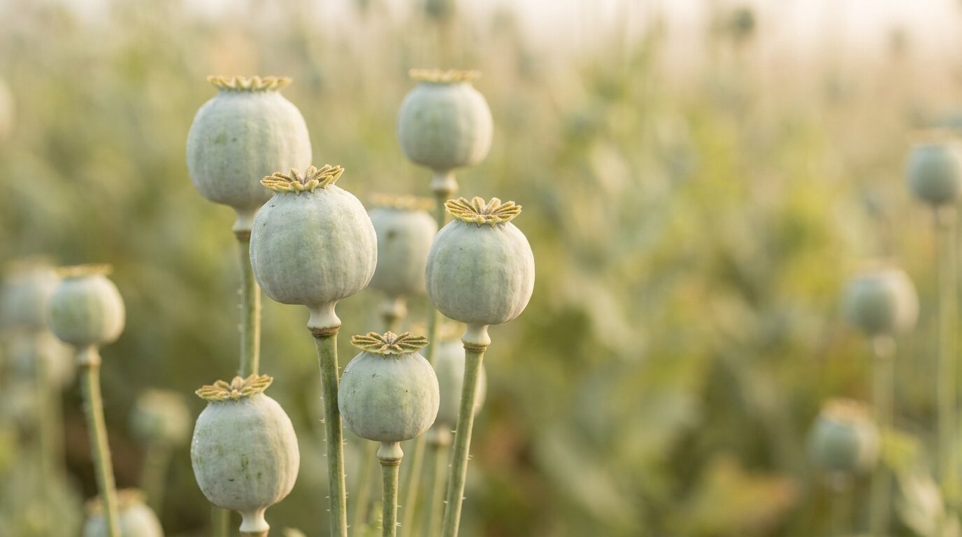 Close-up of opium poppy seed pods — the natural source of opiates including morphine, codeine, and heroin